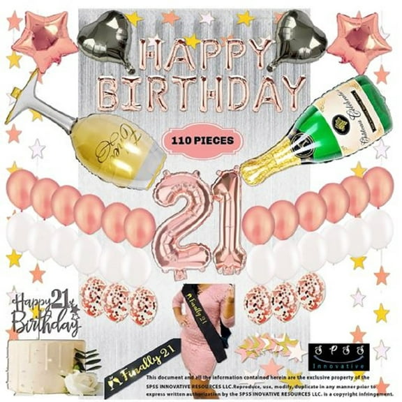 SPSS INNOVATIVE branded Girl’s 21st Birthday Party Decorations 110 Pcs with Sash, Cake Topper, Confetti, Banner, Mylar, Curtain, Balloons, Rose Gold Party Decorations, 21 Party Supplies, Gift for Her