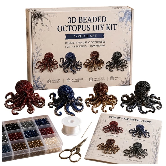 Tiny 3D Beaded Octopus DIY Kit - 4-Piece Handmade Animal Craft Set with Instructions, Relaxing Bead Art Figurine Project for Adults &