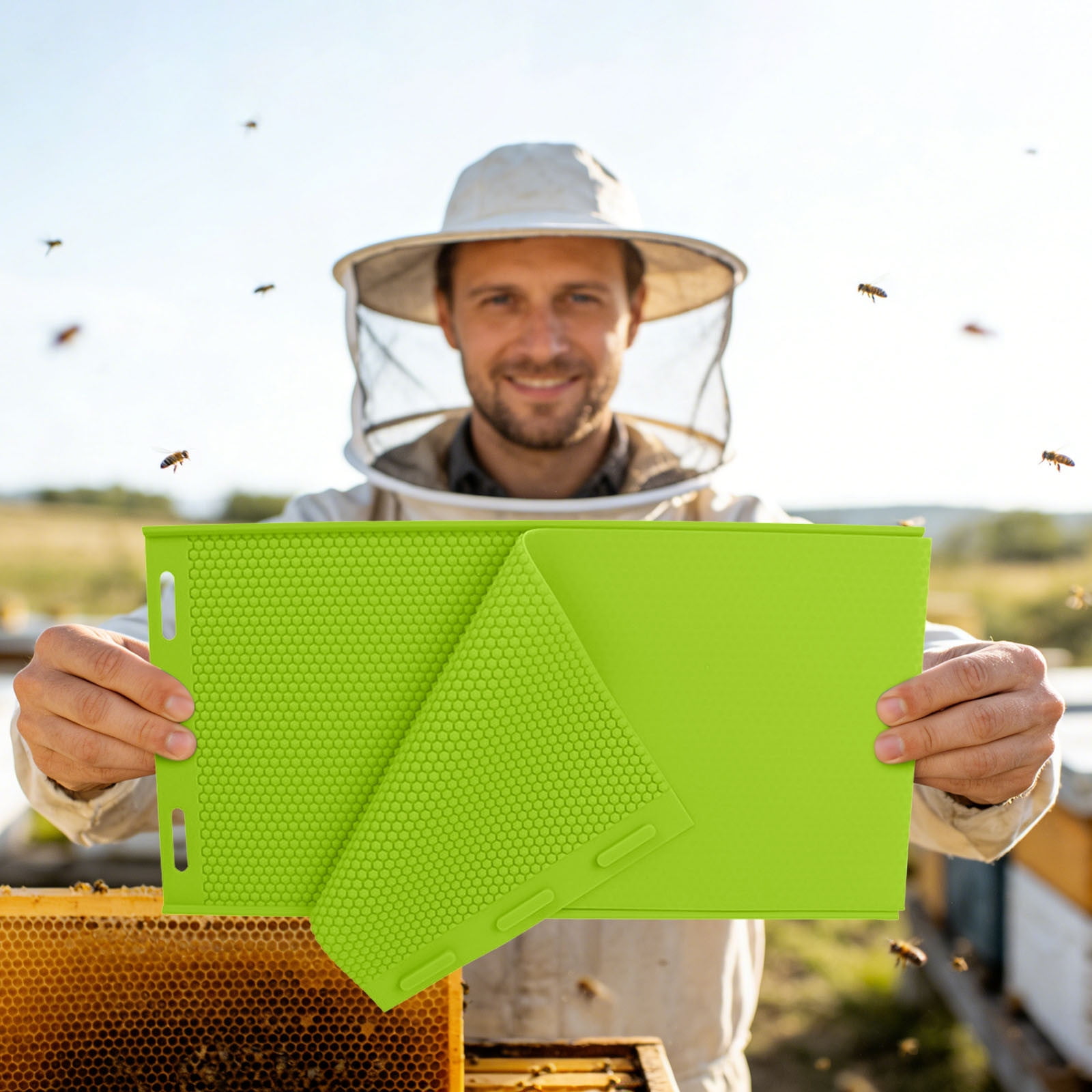 Silicone Beeswax Foundation Press Mold with Honey Scraper, 5.4mm Honeycomb 2 Sheets Non-Stick Reusable for Beekeeping and Candle Making Supplies (Green)