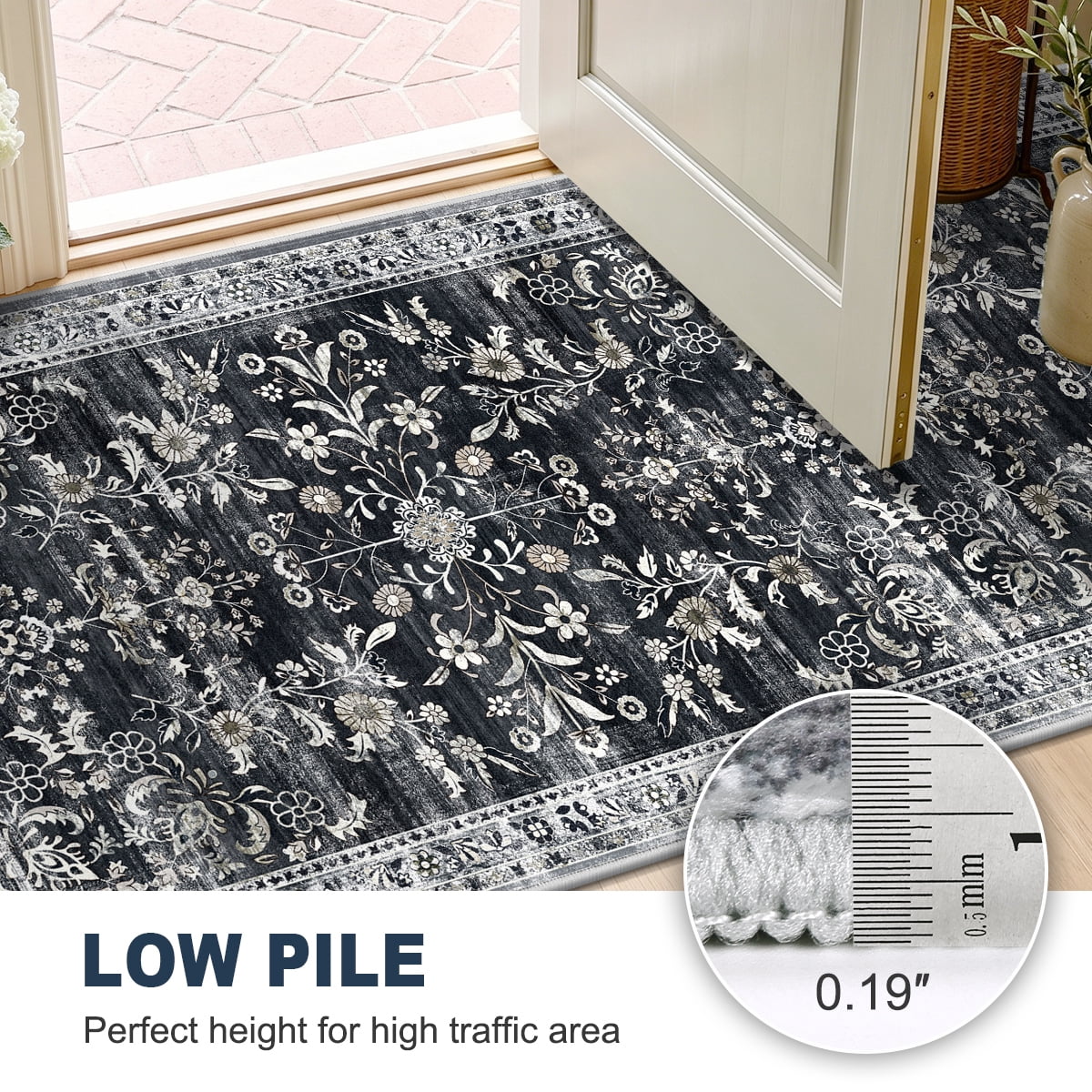 MJIAexp 2'x10' Boho Runner Rug,Non Slip Washable Floral Hallway Runner Rug with Rubber Backing, Low Pile Faux Wool Distressed Carpet for Kitchen, Laundry, Bedroom, Entrance,Black