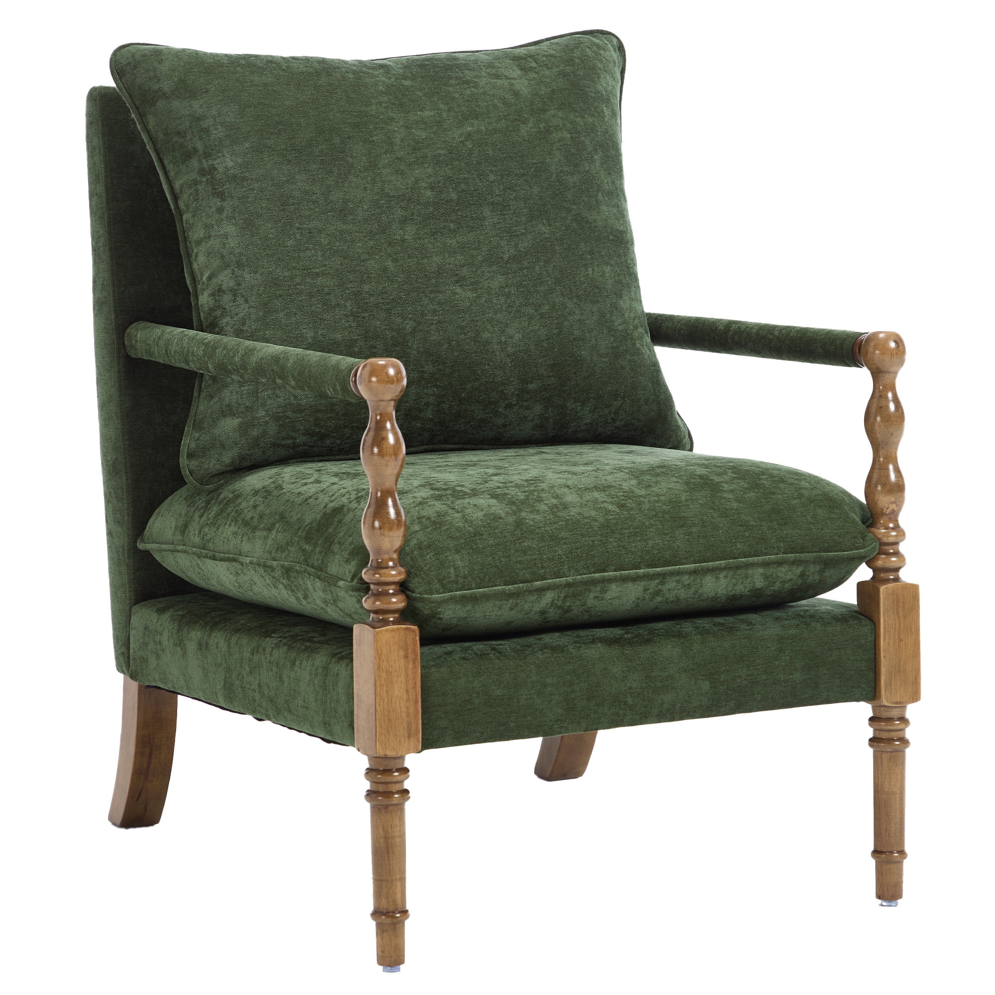 Mid-Century Modern Spindle Armchair,Linen Accent Chair with Cushion & Wood Frame for Living Room Bedroom Office,Emerald