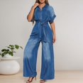 thumbnail image 2 of sususu Womens Jumpsuit V Neck Denim Fabric Belted High Waist Playsuit Casual One Piece Outfits Wide Leg Romper with Pockets ,BU1,XXL, 2 of 5