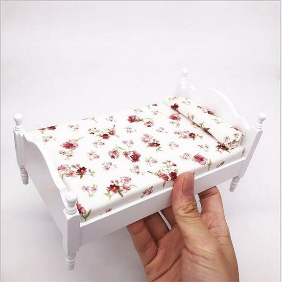 Elainilye 1:12 Scale Dollhouse Furniture Bed Toy, Doll House Accessories Pretend Play Toys for Boys Girls & Toddlers Age 3  - White