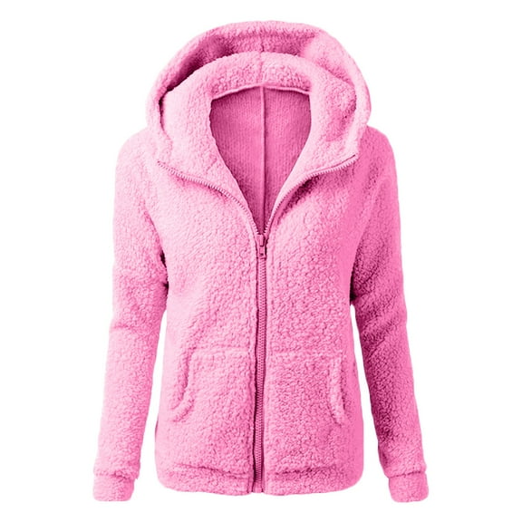 Women's Fleece Jackets Long Sleeve Zip Up Solid Color Hooded Sweatshirts Lightweight Winter Loose Coat Jacket