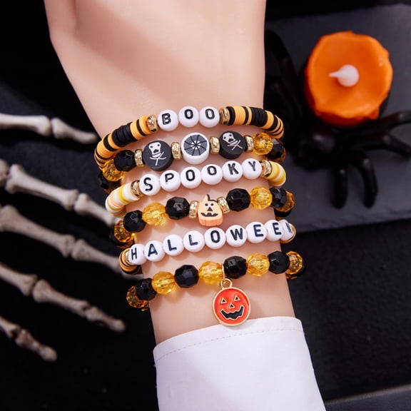 AEXTO Halloween Stack Bracelets Set for Women, Gothic Skull Skeleton Beaded Stackable Stretch Bracelets Holiday Accessories Jewelry Gifts