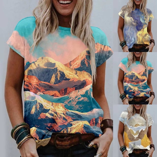 CHOK Vêtements pour Femmes Liquidation Mode Femme Blouse à Col Rond Imprimé Manches Courtes T-Shirt Hauts d'Été