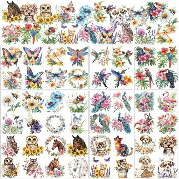 12 Sheets Rub on Transfer Stickers Animals and Flowers Window Sticker Clings Dog Cat Home Decor Stickers