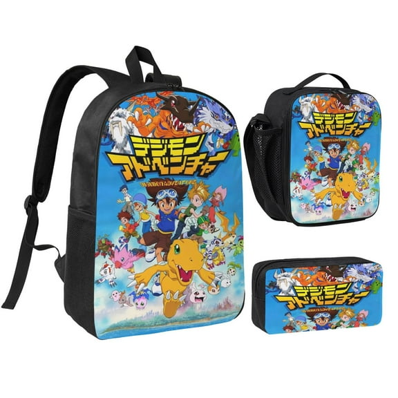 Digimon Adventure Three piece backpack set young backpack combination backpack lunch bag pencil case