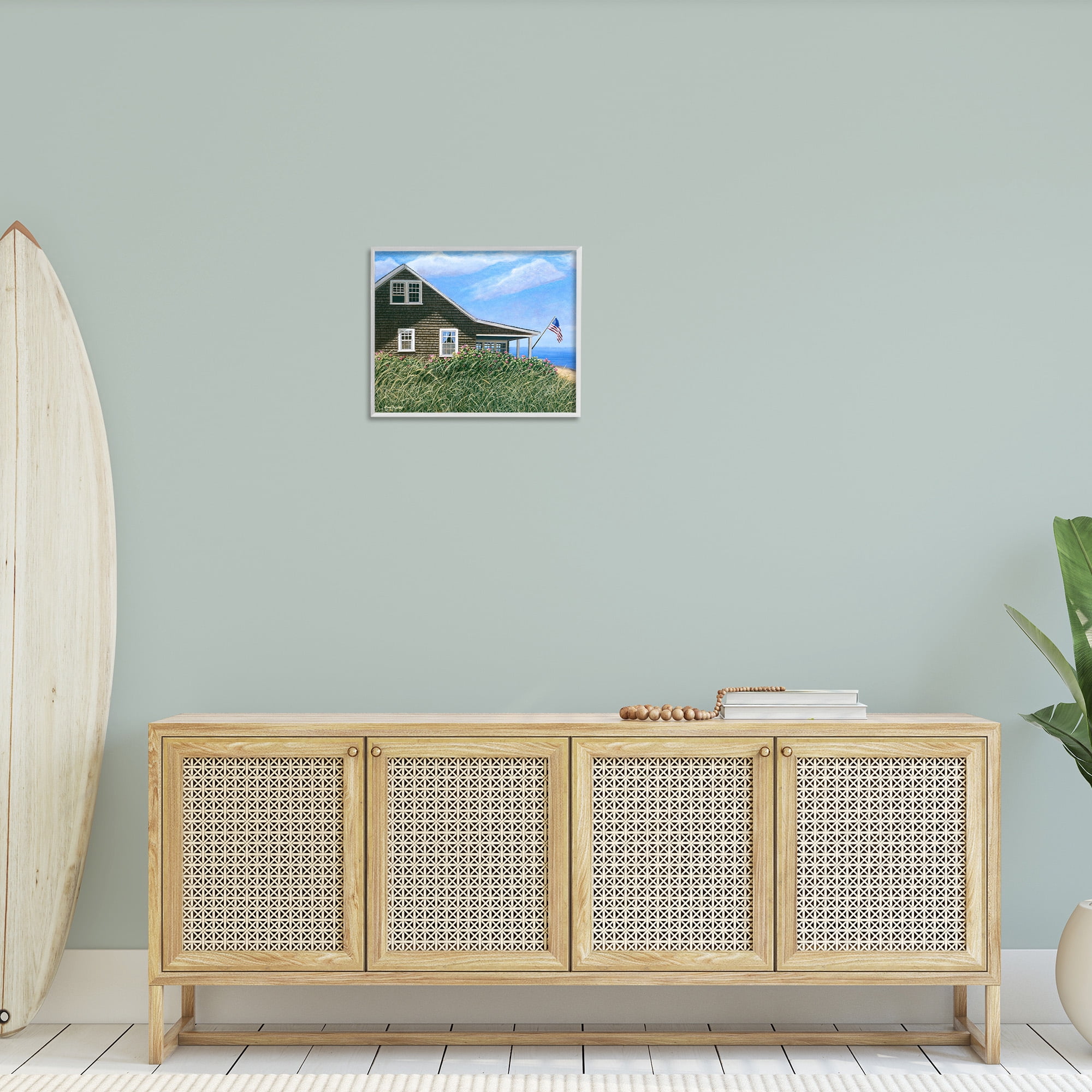 Stupell Industries Cape House with Flag Landscape Painting White Framed Art Print Wall Art, 20 x 16