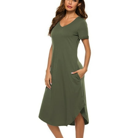 

Nightgowns for Women V Neck Nightshirts Short Sleeve Soft Sleepwear Side Split Pockets Long Nightdress with Pockets Green S-3XL
