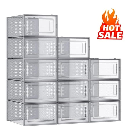 Shoe Boxes 12 Pack Shoe Organizer Stackable Transparent Plastic Shoe Box for Closet Fit up to US Size 11 Transparent and Gray