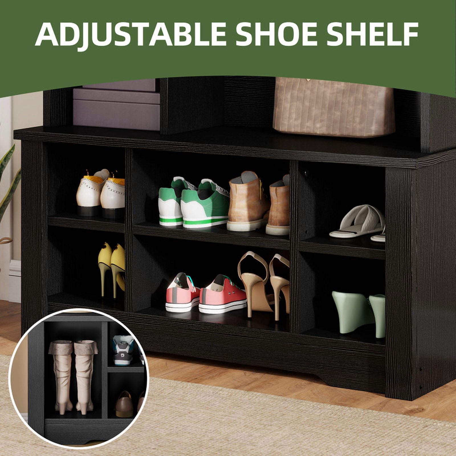 Uforic 39" Hall Tree with Shoe Storage, Coat Rack with Bench for Entryway Corner Narrow Adjustable Shelf, Black