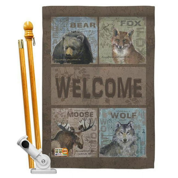 Breeze Decor BD-WL-HS-110001-IP-BO-D-US15-SB 28 x 40 in. Welcome Wilderness Nature Wildlife Impressions Decorative Vertical Double Sided House Flag Set with Pole Bracket Hardware