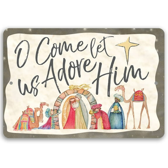 Christmas Themed Home Decor Metal Sign - Winter Holiday Decorations for Home Indoor/Outdoor - Decor Farmhouse Christmas Decor Signs, Porch Christmas Decor (8" x 12", Let Us Adore Him)