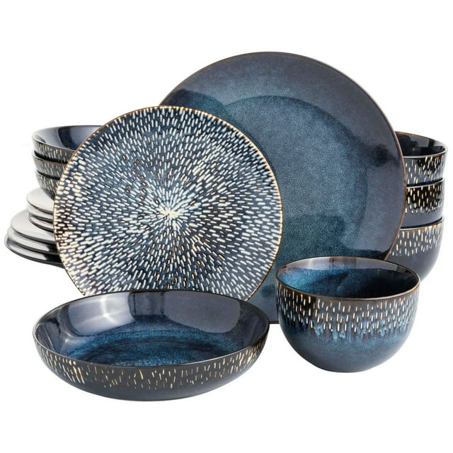 Gibson Elite Matisse 16-piece cobalt blue stoneware dinnerware set featuring plates and double bowls with textured design.