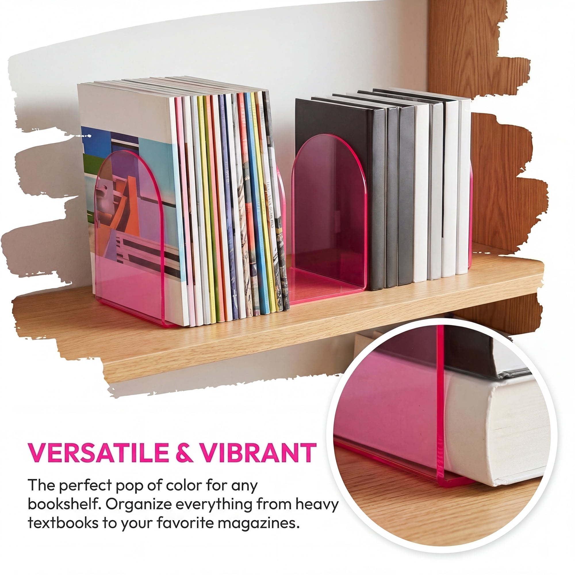 Unique Bargains 2Pcs Clear Acrylic Modern Non-Skid Bookends Elegant Pink 4.7*3.9*6.1inch