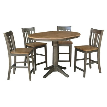 International Concepts  36 in. Round Extension Dining Table with 4 San Remo Counter Height Stools, Hickory & Washed Coal
