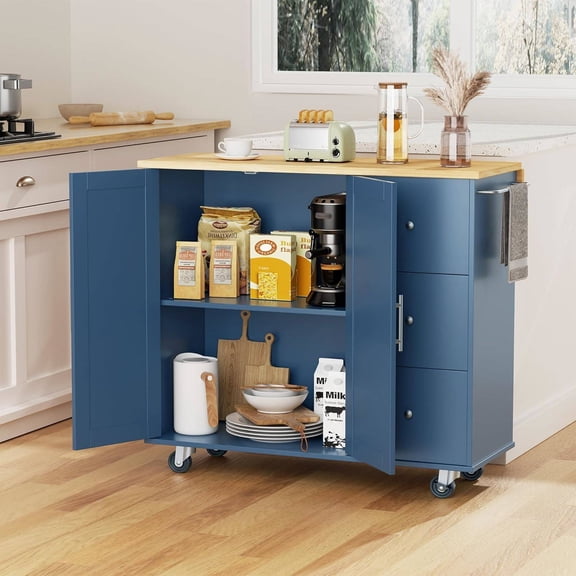 40" Kitchen Island Cart with Wheels, Drawers and Cabinet, Blue