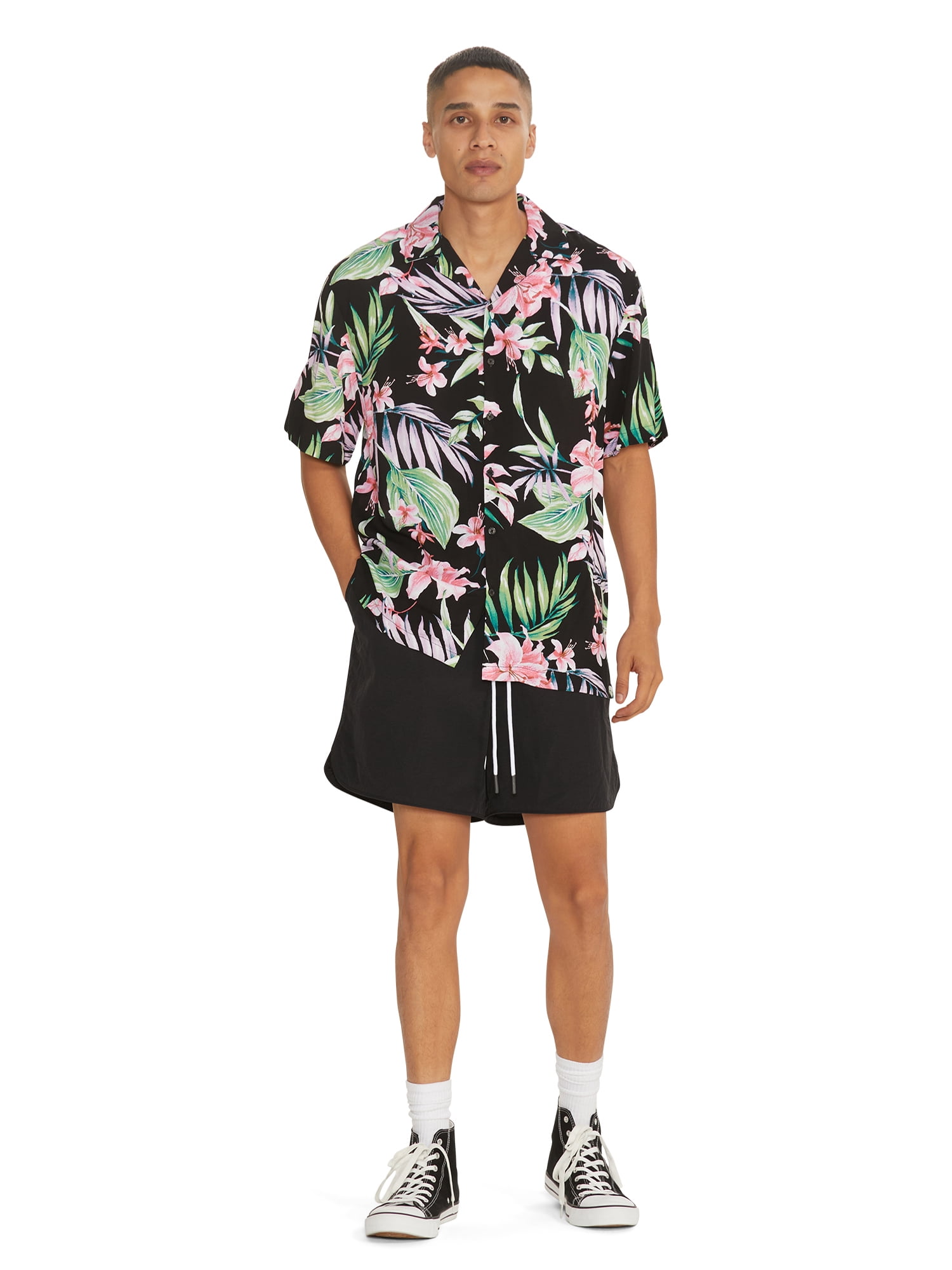 No Boundaries Men's Print Button Up Shirt with Short Sleeves, Sizes XS-3XL
