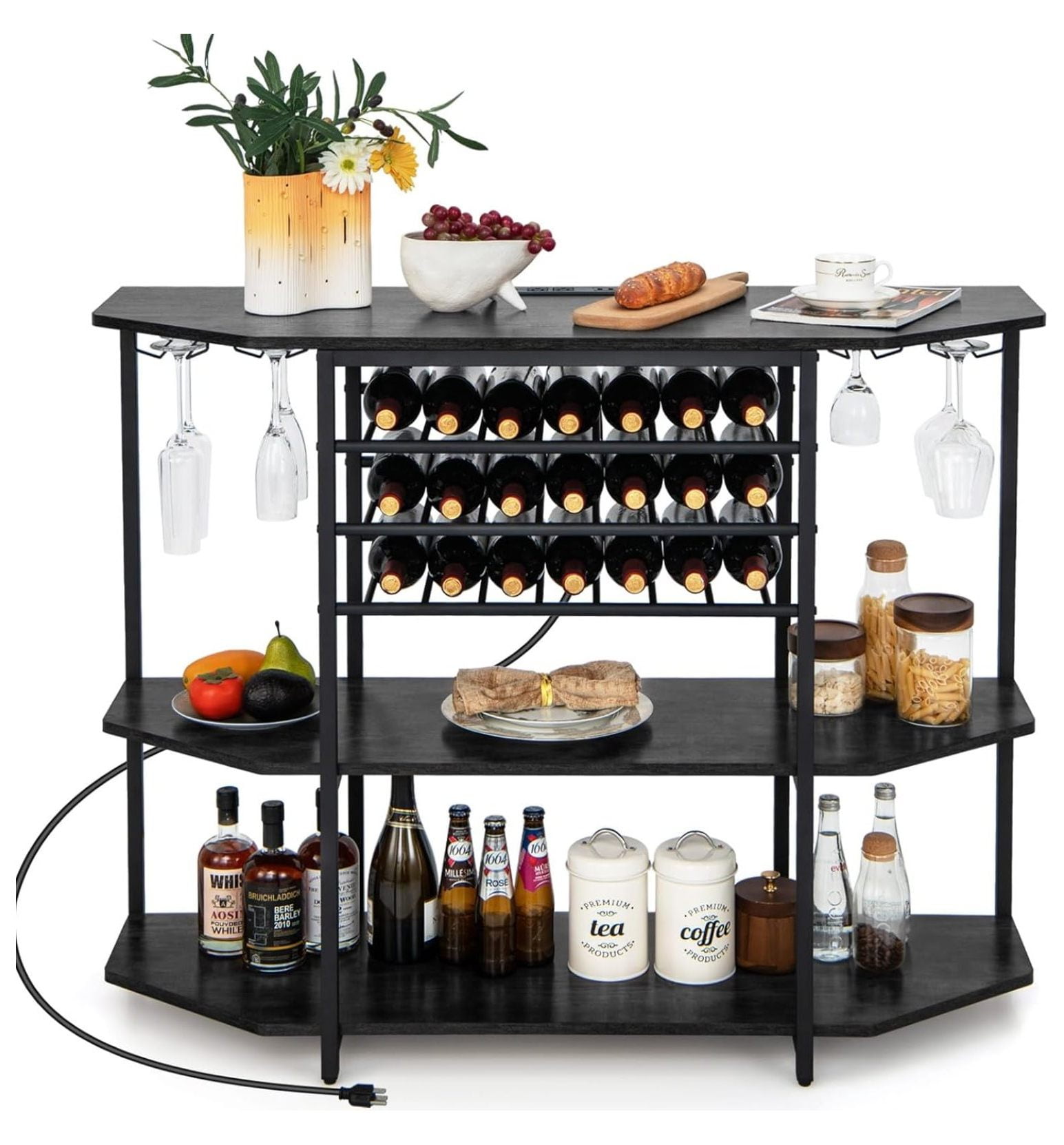 Alieon Wine Bar Cabinet, 3-Tier Liquor Cabinet with Power Outlets, Wine Bottle Racks, Glass Holders, Coffee Bar Cabinet, Freestanding Mini Bar Table for Kitchen, Dining Room, Pub (Rustic Grey)