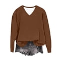 thumbnail image 5 of VEKDONE Womens Raglan Long Sleeve Sweatshirt Solid Color V Neck Loose Fit Pullover Top Casual Lightweight Comfy Solid Color Sweatshirts Brown M, 5 of 6