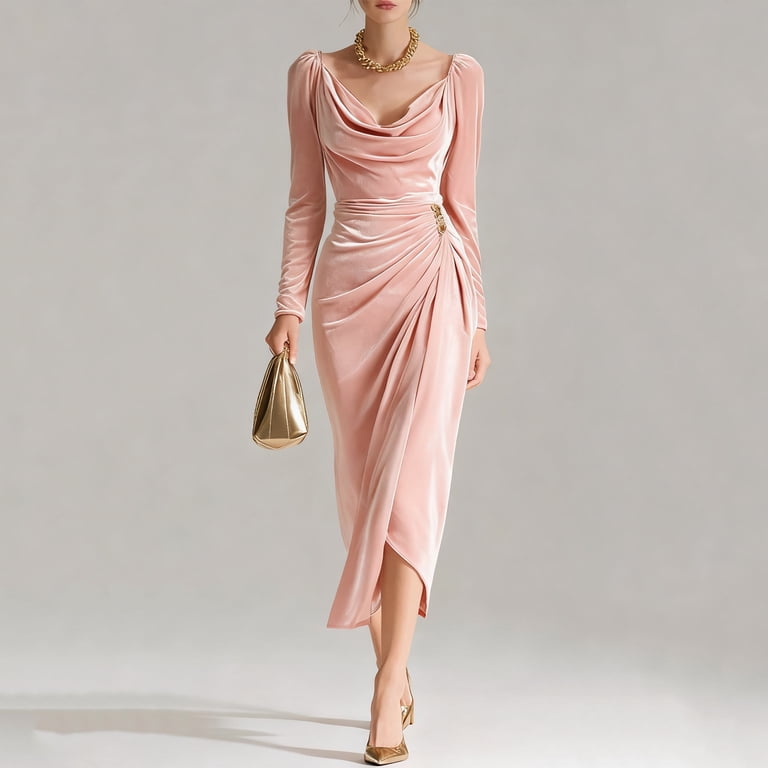 Velvet Tulle Midi Dress with Long Sleevee Cowl Neck Formal Cocktail Dresses  Bodycon Ruched Wedding Guest Party Gown Pink L - Walmart.com