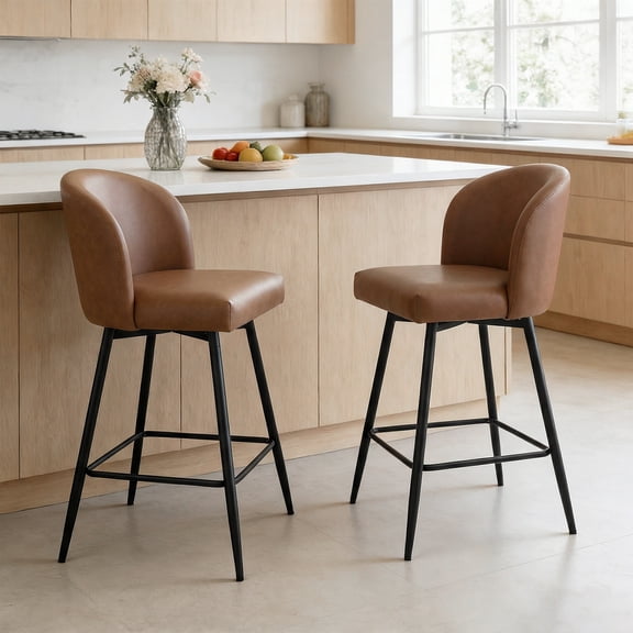 Counter Height Swivel Bar Stools Set of 2, 26" Faux Leather Upholstered Bar Chairs with Back, 360° Swivel Kitchen Island Stools, Metal Legs, Walnut