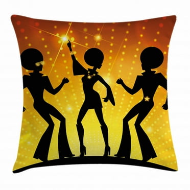 70s Party Decorations Throw Pillow Cushion Cover, Dancing People Disco Night Club Afro Hairs Gold Colored Bokeh, Decorative Square Accent Pillow Case, 18 X 18 Inches, Black Gold Yellow, by Ambesonne
