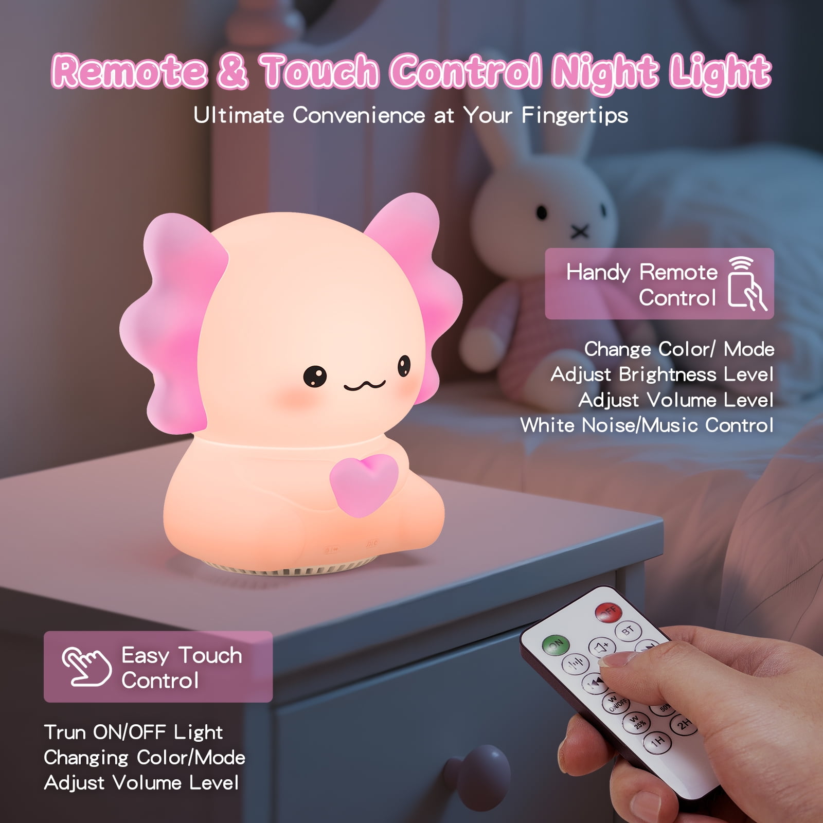 Axolotl Night Light with Sound Machine, Pink Silicone Touch Lamp, Wireless Speaker, Remote Control, Soft Touch, Baby Room Lamp