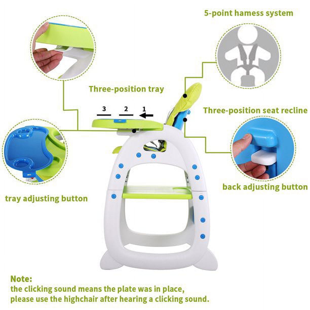 3 in 1 Baby High Chair, Convertible High Chairs for Babies and Toddlers, Baby Chair with Tray, 3 Position Adjustment Toddler Chair for Eating,5 Point Harness with Toddler Feeding Chair (Green)