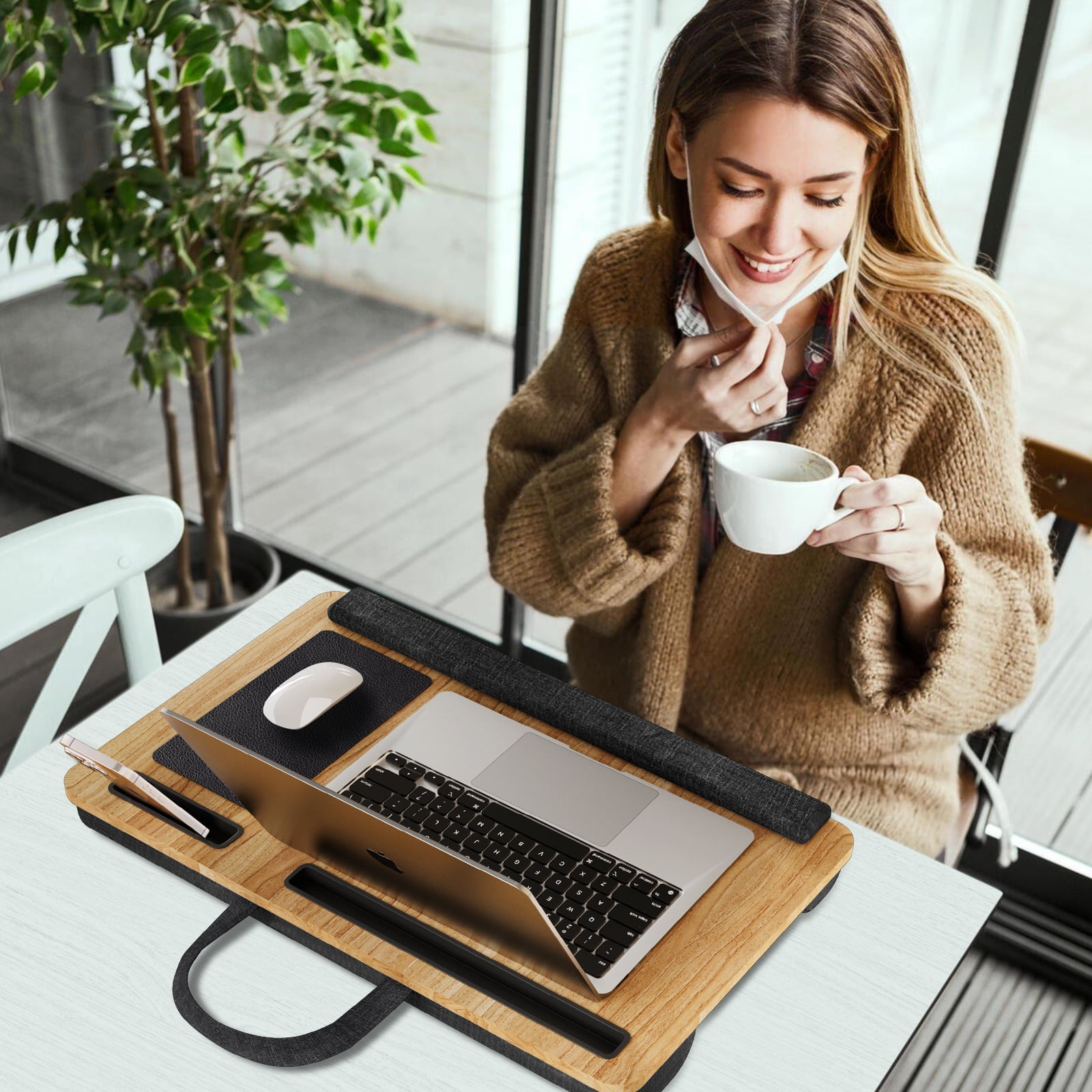 PHANCIR Portable Lap Desk for Laptop, Wood Lapdesk Bed Table with Handle Fits up to 15.6 inches Tray Table with Soft Pillow, Mouse Pad, Wrist Pad & iPad/Phone Slots, Laptop Stand 21.6 x 13.4in-Walnut