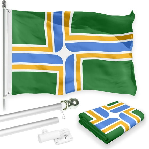 G128 Combo Pack: 6 Feet Tangle Free Spinning Flagpole (Silver) Portland City Flag 3x5 ft Printed 150D Brass Grommets (Flag Included) Aluminum Flag Pole