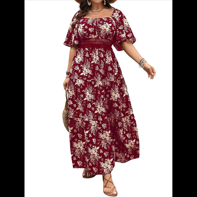 Vestidos Florales de Corta para Mujer, Cuello Cuadrado, Encaje Recortado, Ojales, Estilo Vintage Bohemio, Maxivestido 2025 Rojo XXL