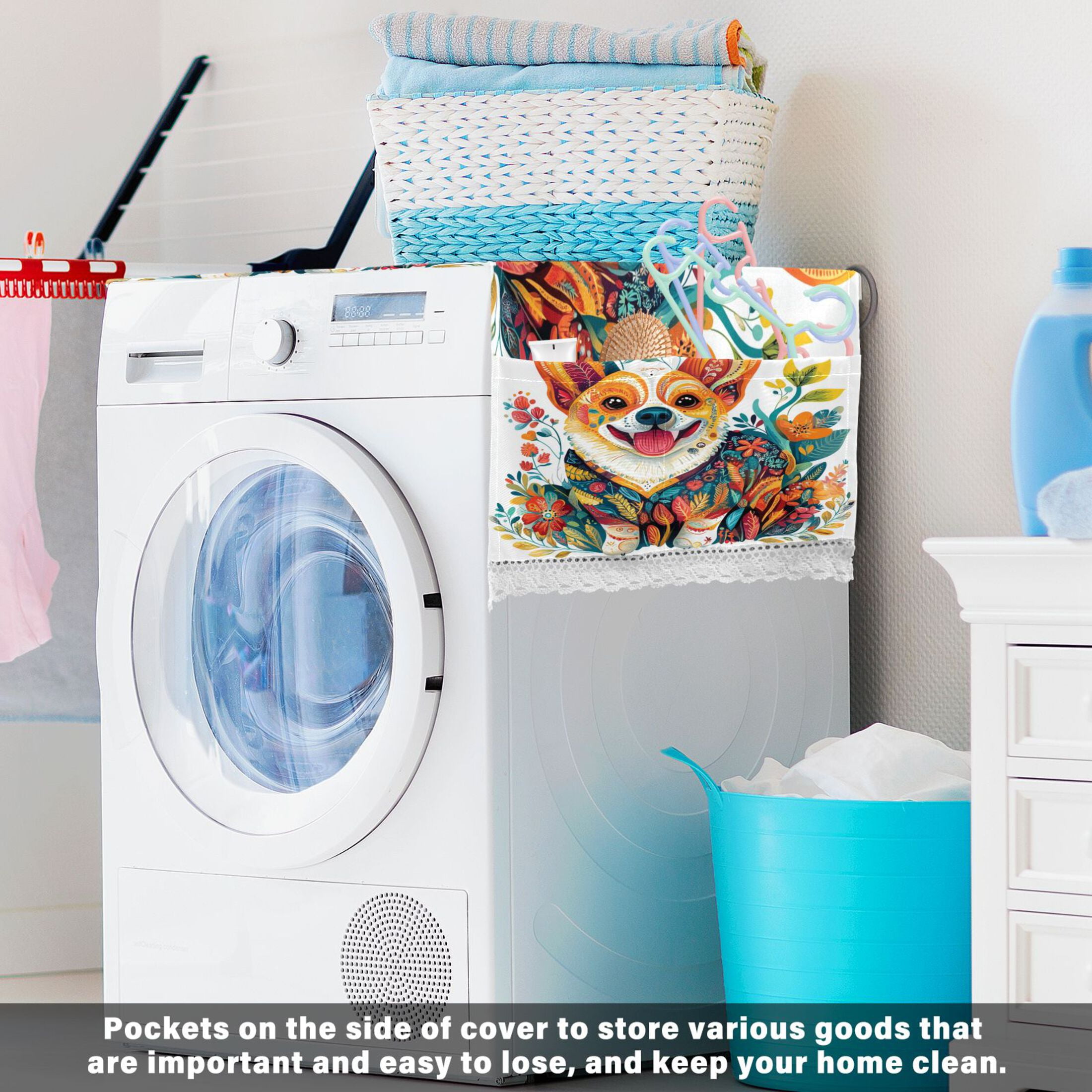 Smiling Corgi DogWasher and Dryer Covers Dust-Proof and Oil Resistant Fridge Cover with 4 Storage Pockets Washing Machine Top Cover for Laundry Kitchen Home 51.2 x 22 In