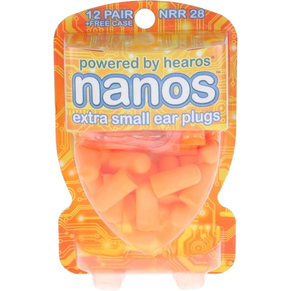 HEAROS Nanos Ear Plugs, Extra Small Foam Ear Plugs for Kids with Case, NRR 28, Orange, 12 pairs