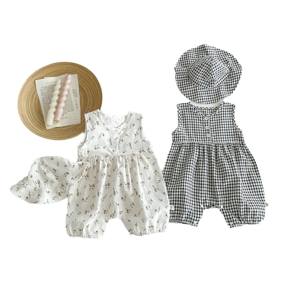 LYMAYTER Infant Baby Girl Lightweight Romper Hat Set Sleeveless Plaid Floral Print Summer Wear One-Piece 3-24M