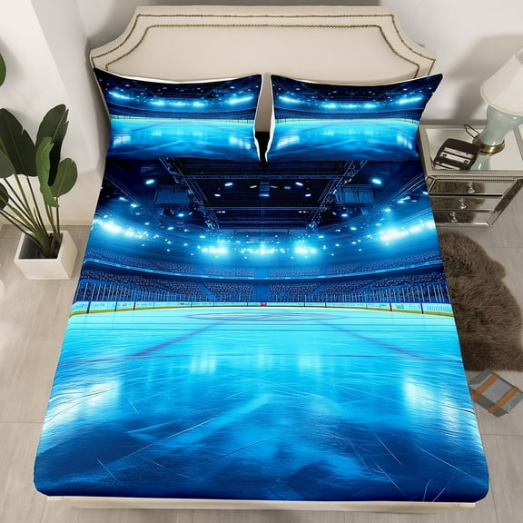 Erosebridal Sport Ice Hockey Fitted Sheet Set Queen,Ball Gamer Fitted Sheet Queen,Super Cozy Bedding Queen Size,Teenager Bedroom Decor,3 Pieces(Fitted Sheet,Pillowcase)