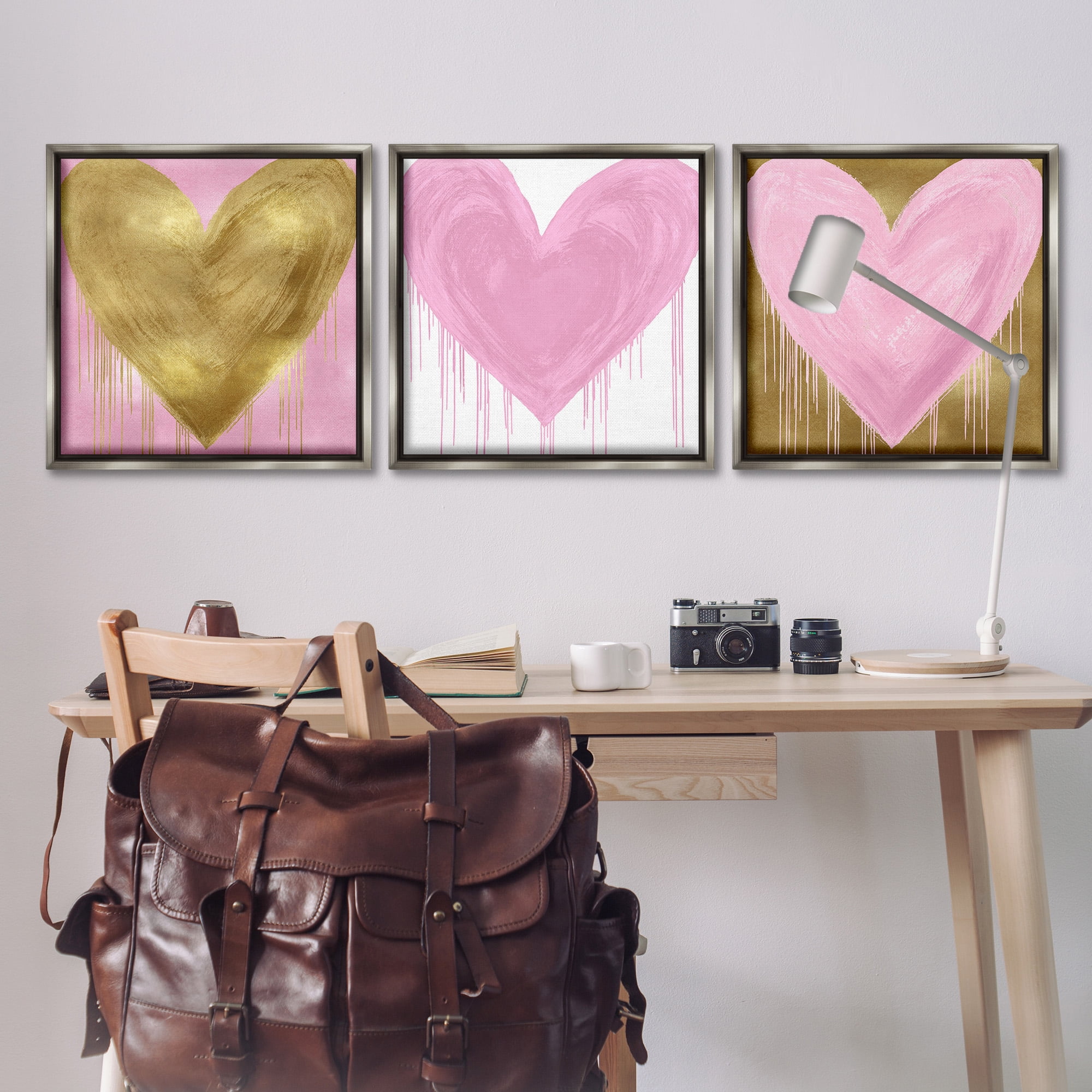 Stupell Industries Glam Paint Drip Hearts Design Art for Kids Painting Gray Floater Framed Canvas Art Print Wall Art, 25 x 25, Set of 3