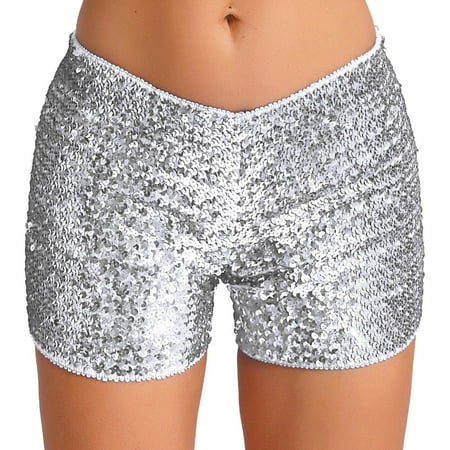 YONGHS Women s Sequin Sparkly Mini Booty Shorts Low Rise Rave Cheeky Shorts for Disco Festival Club Nightout Silver L