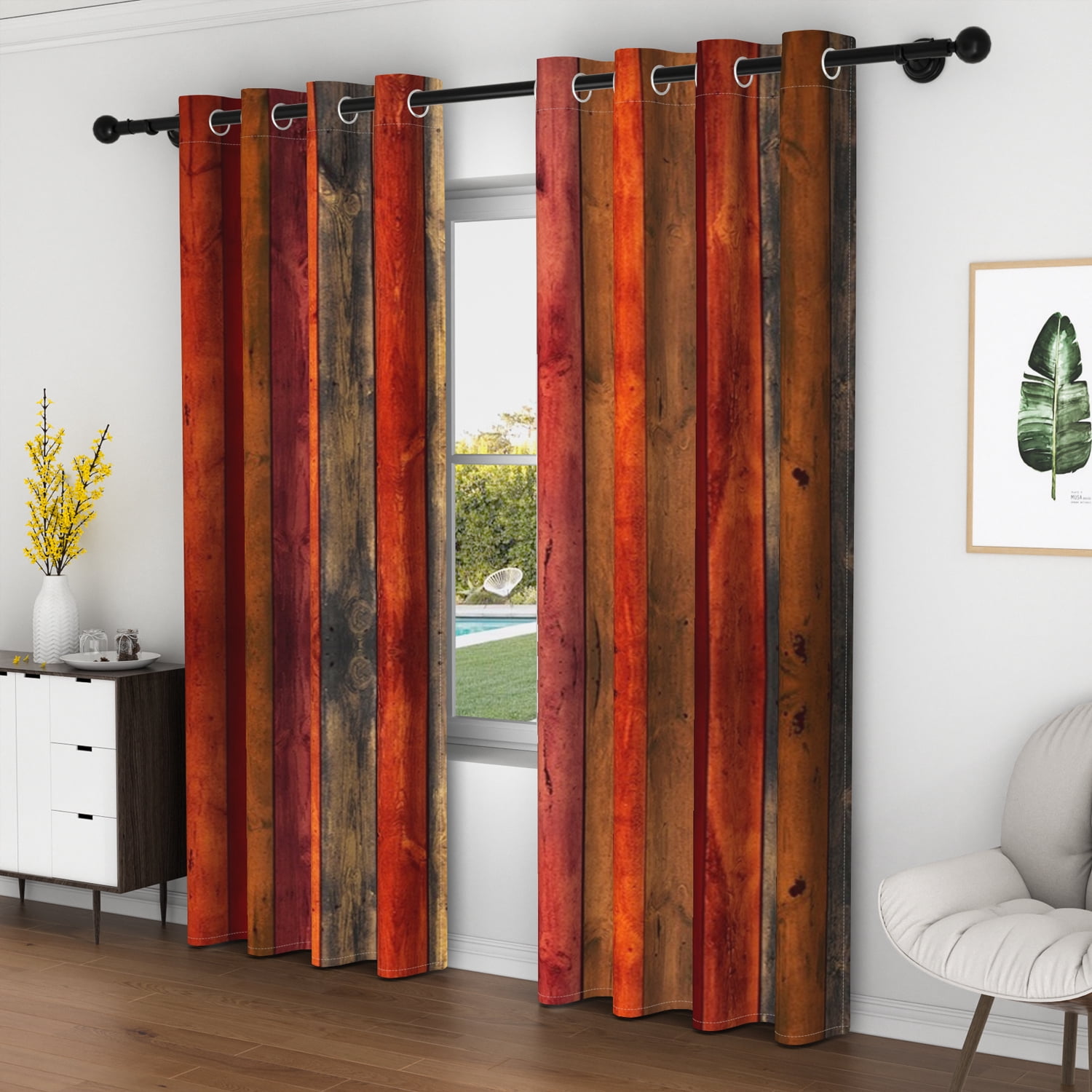 Lfeey Vintage Wood Panel Blackout Curtains, Grommet Top for Kitchen, 52x63 inch, Set of 2