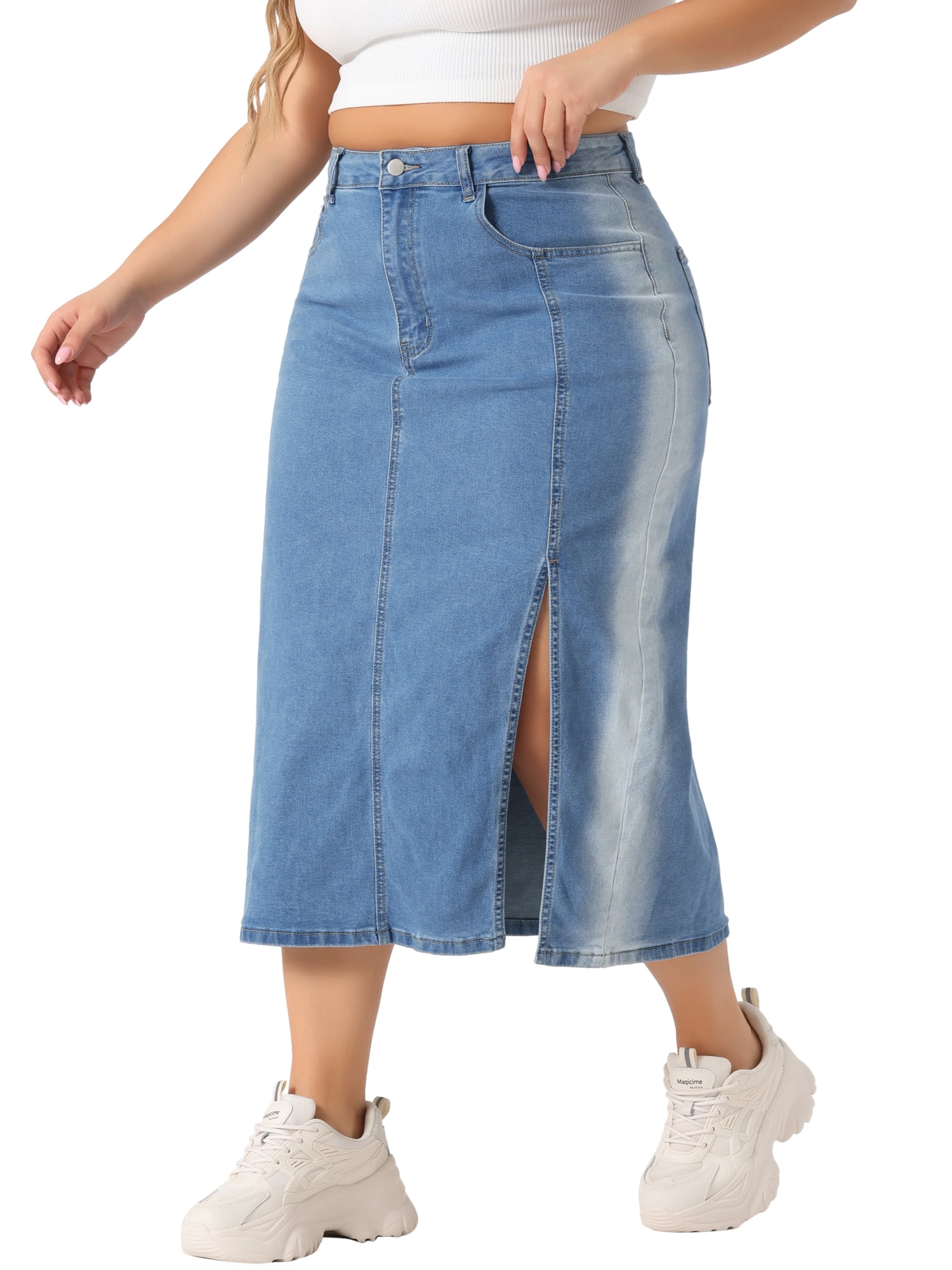 DARING DIVA Women's Plus Side Slit Button with Pocket Jean Denim Skirts 2X Light Blue