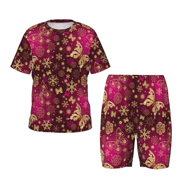 Balery Golden Snowflakes And And Butterflies Conjunto de Pijama Infantil de Manga Corta con Estampado – Ropa de Dormir de Algodón Suave-Medium