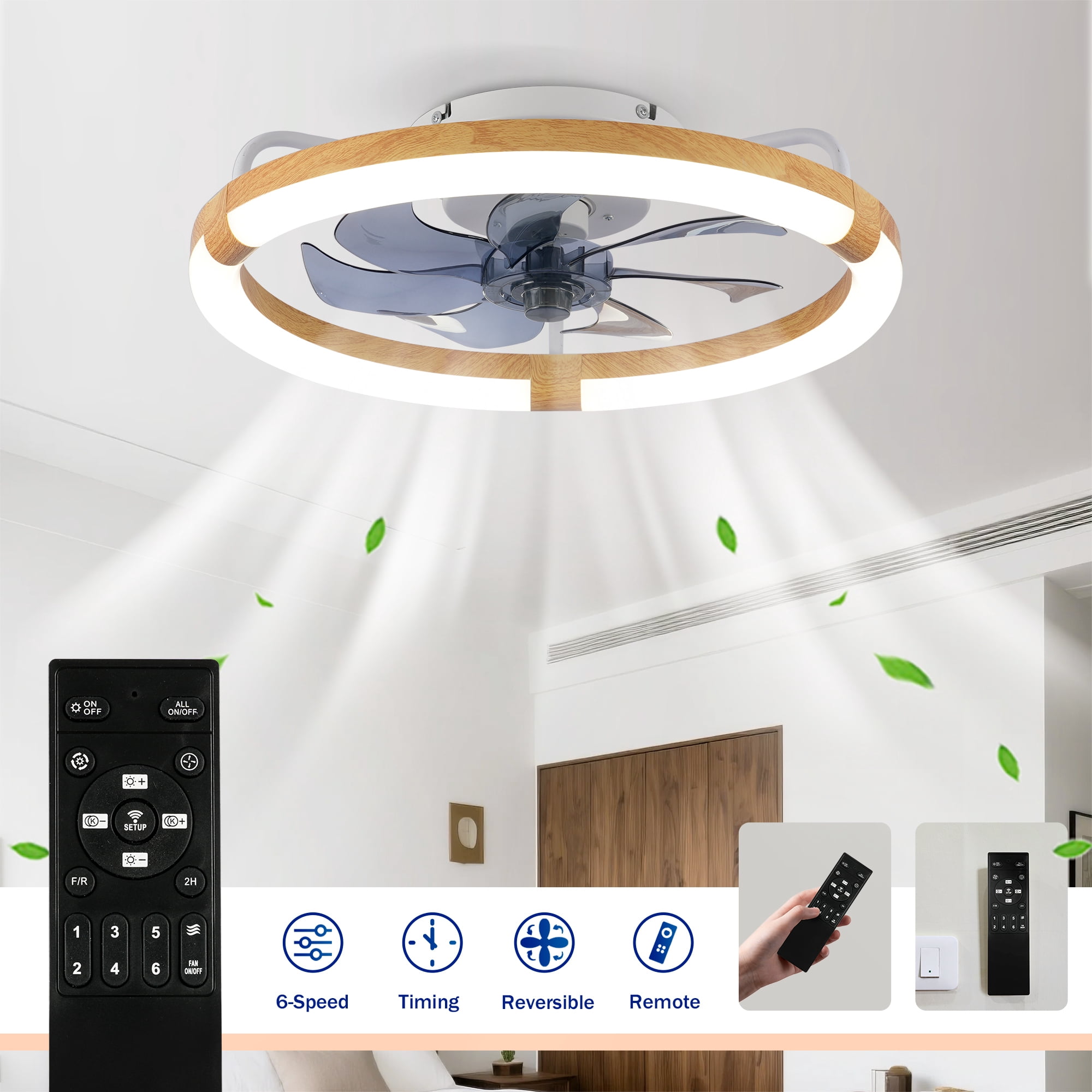 Leumius 20" Ceiling Fans with Light and Remote, 3000-6500K Dimmable Modern Flush Mount LED Fan Light, 6 Speeds, Quiet DC Motor for Living Room Bedroom Kitchen Matte White