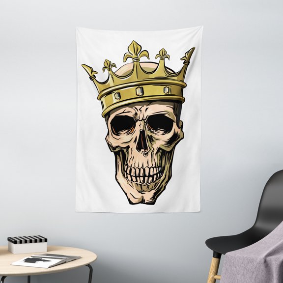 King Tapestry, Dead Skull Skeleton Head with Royal Holy Crown Tiara Hand Drawn Image, Wall Hanging for Bedroom Living Room Dorm Decor, 40W X 60L Inches, Golden and Light Brown, by Ambesonne
