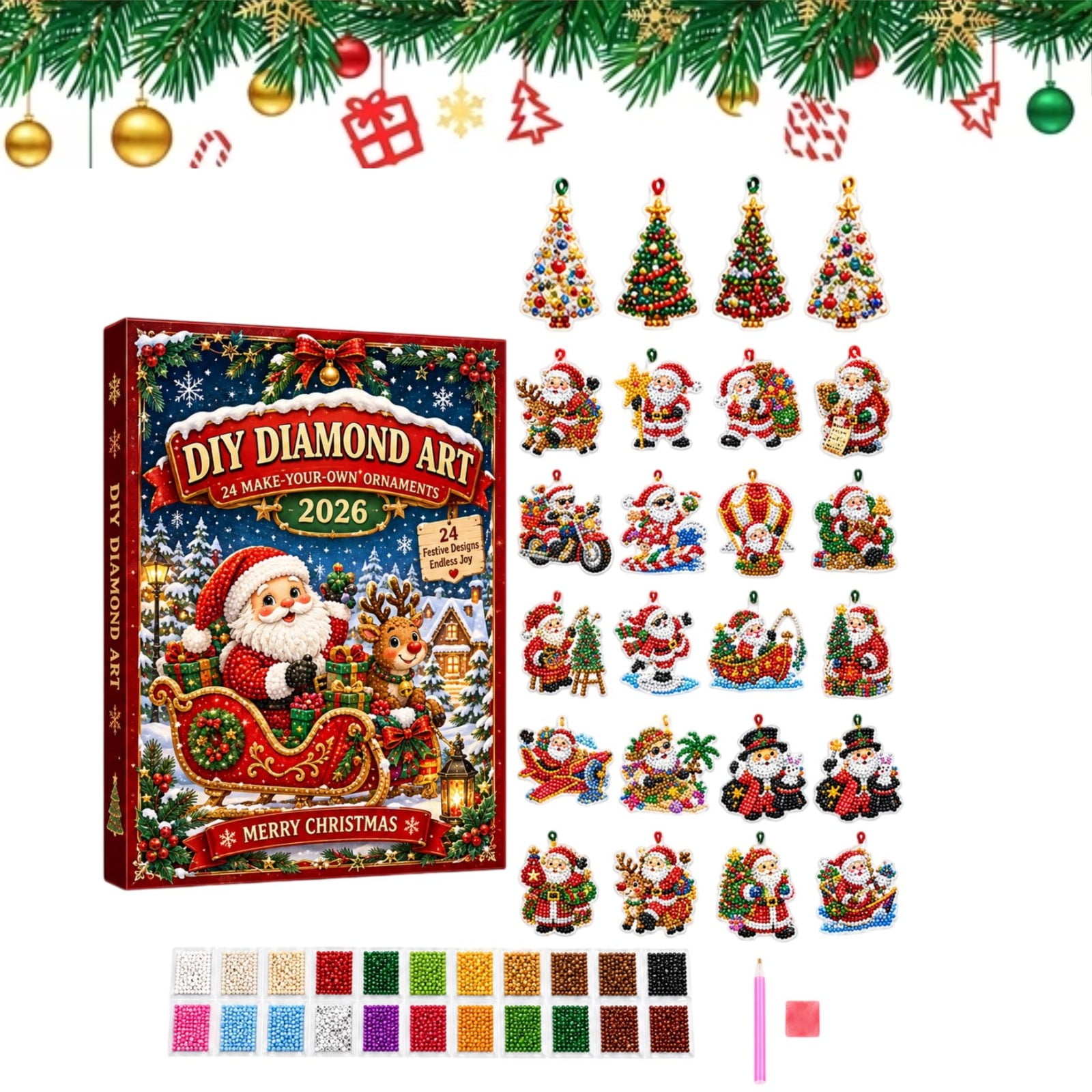Diamond Art Advent Calendar 2026 24 Pcs DIY Christmas Decor Kit for Girls Enjoy Family Christmas Craft Time Create Shiny Hanging Ornaments for Holiday Home Decoration Fun Family Handmade Kit A