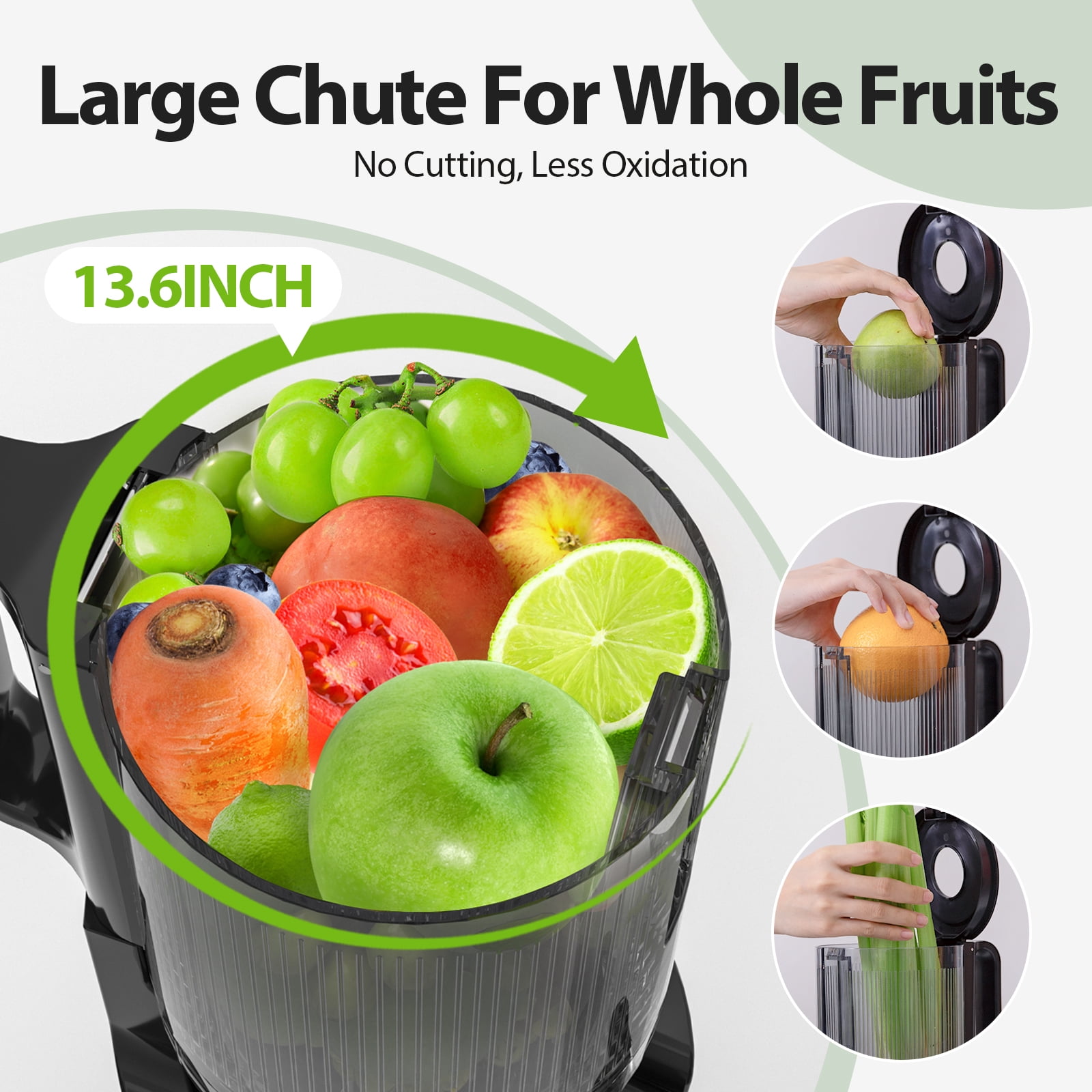 Aeitto Mega4 Masticating Juicer Machines, 4.35' Large Feed Chute, Whole Fruits/Vegetables, High Juice Yield