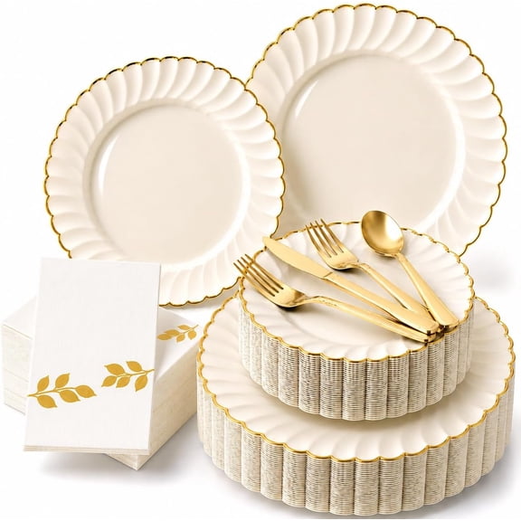 Ivory Scalloped Plastic Dinner Plates with Gold Trim 175 Count Heavy Duty for Weddings and Parties