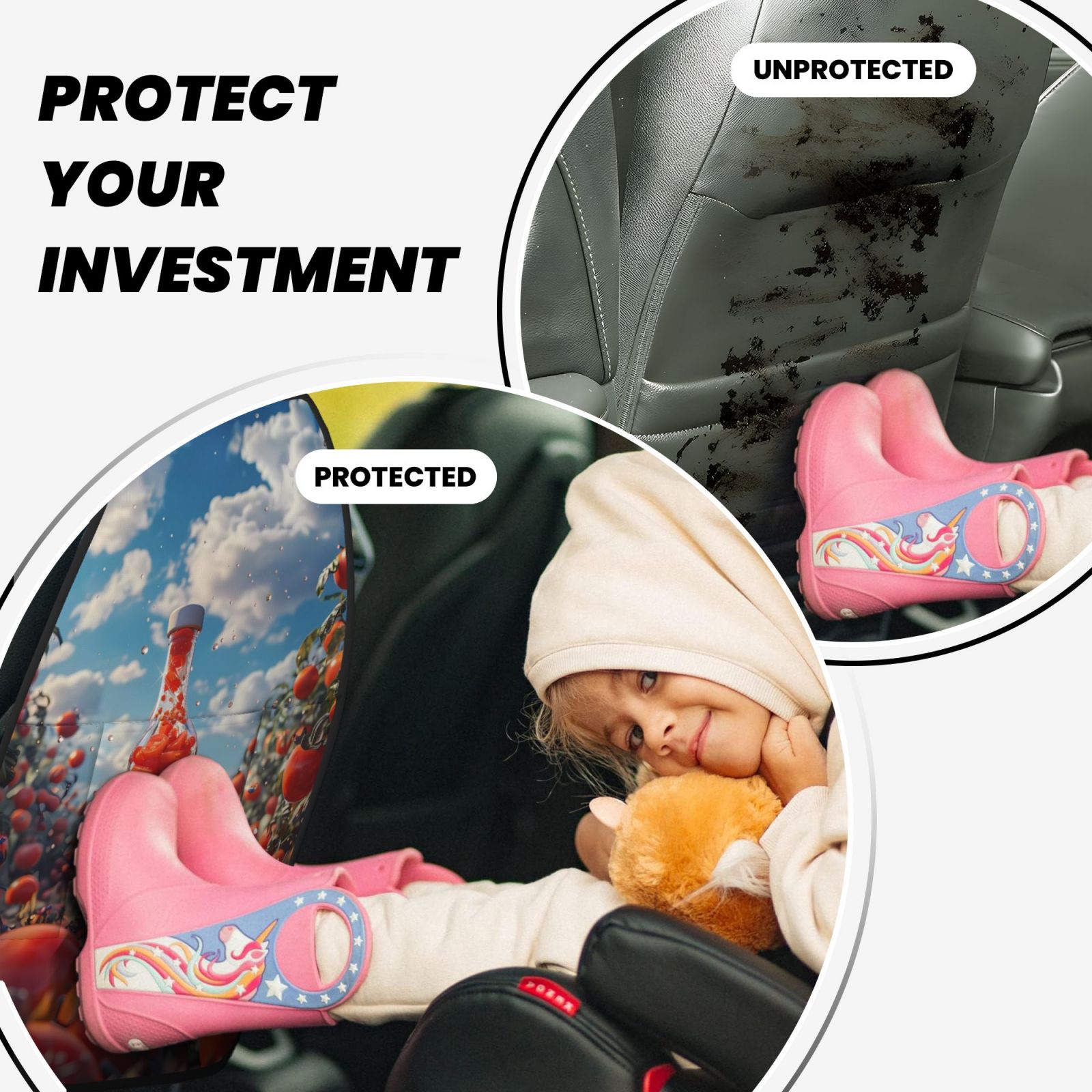 Kdxio Tomato Field Bottle Print 2 Pack Car Kick Mat Seat Cover Back Protector Mat with Pockets for Organizer Backseat Protector and Storage Anti Kick Pad for Vehicles