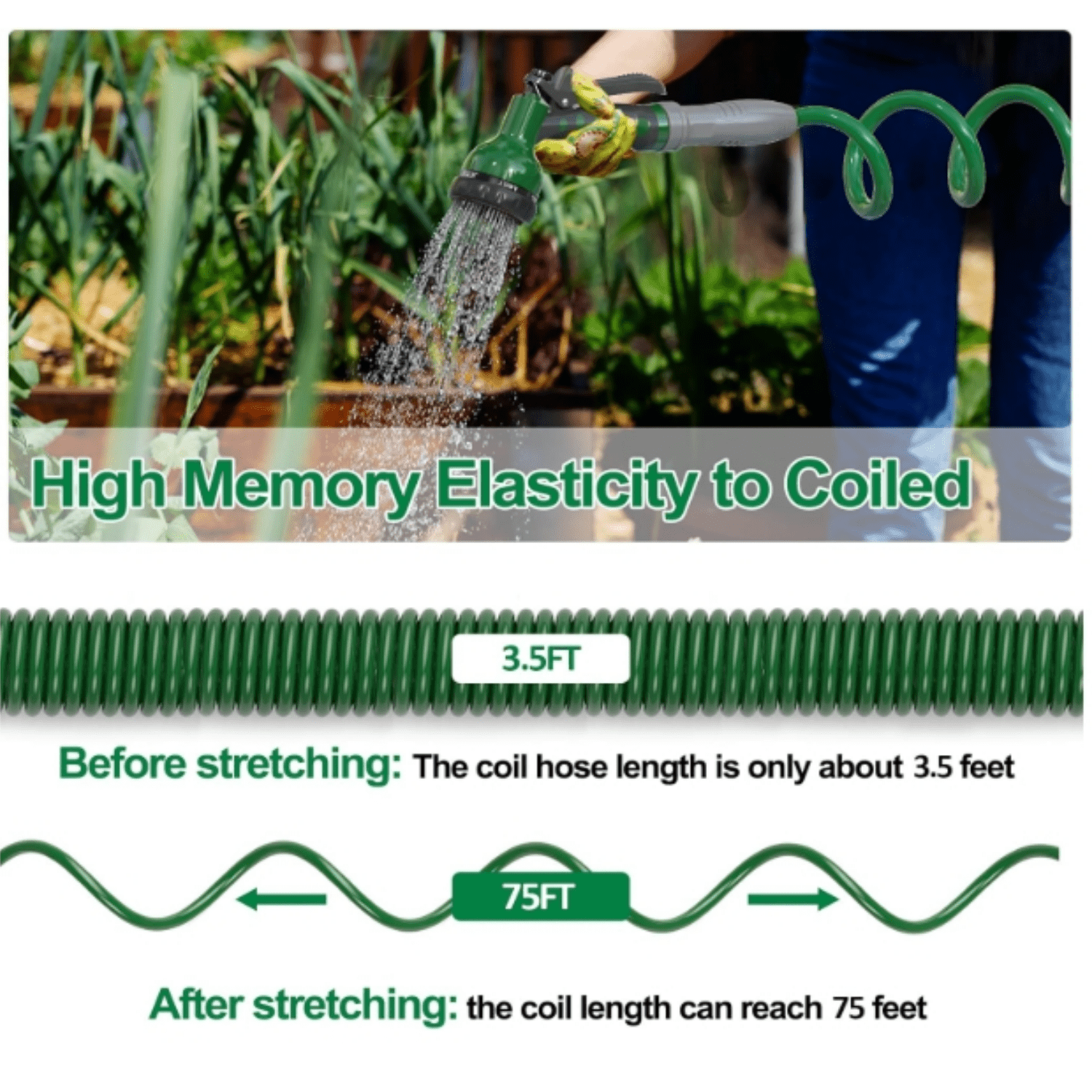 Lightweight Coil Garden Hose 75FT, EVA Flexible Curly Water Pipes with 6-Pattern Spray Nozzle for Boat, Greenhouse, Yard, Patio, Green