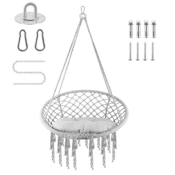 Bohemian Style Hammock Swing Chair, Gray Macrame Hanging Swing Chair with Plush Cushion and Mount Hardware Kit, Sturdy 330lbs Boho Swings for Backyard,Apartment